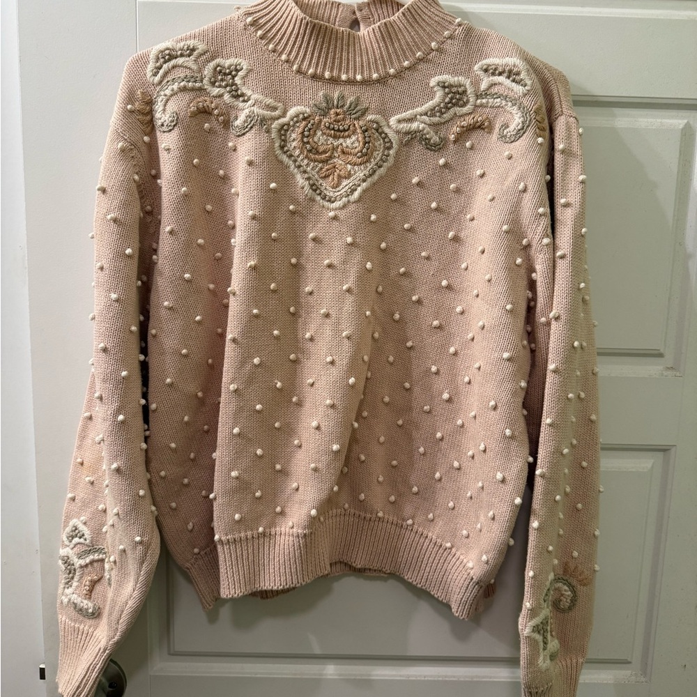 Vintage Whimsy‎ Elegant Pink Embroidered Sweater with Pearl Detailing